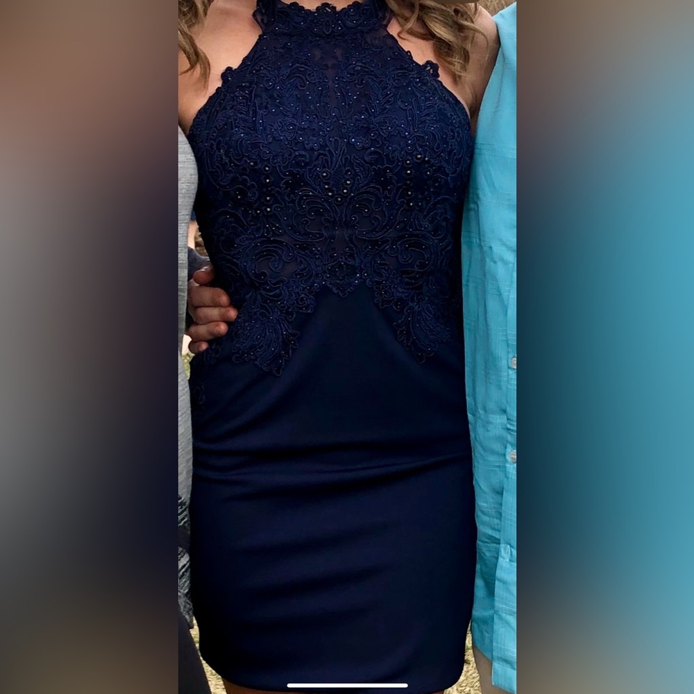 Sherri hill navy lace open back cocktail tight dress